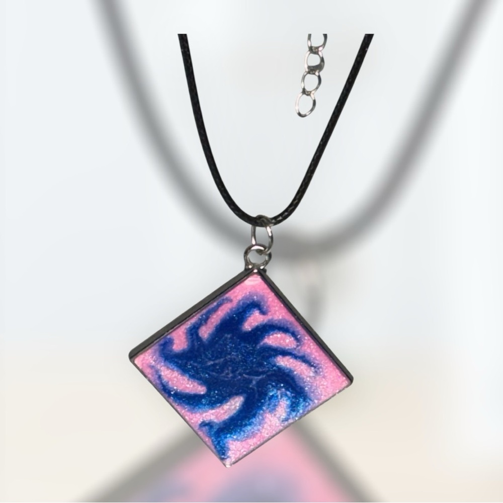 Handmade Resin Rectangle Necklace | Pink Glitter Pendant